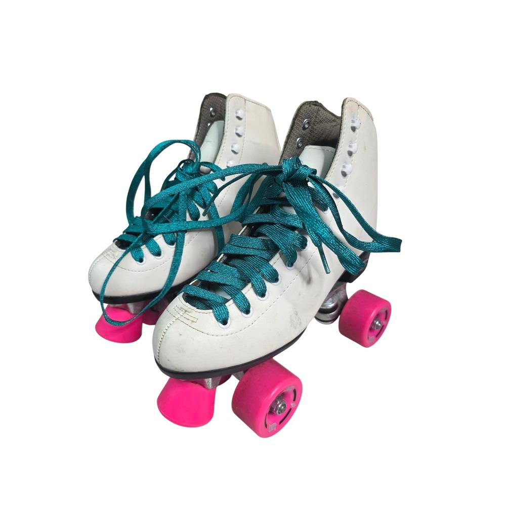 Roller Derby Wave White Roller Skates Size 6 Pink Wheels Teal Quad Skates S4